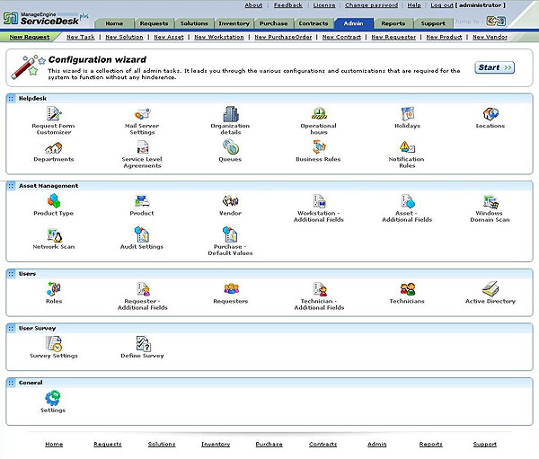 Admin Home having option to configure Helpdesk, Inventory, and User Management