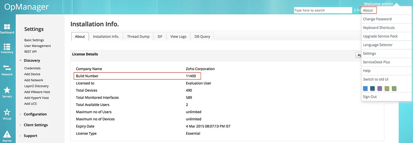 Locate OpManager Build number